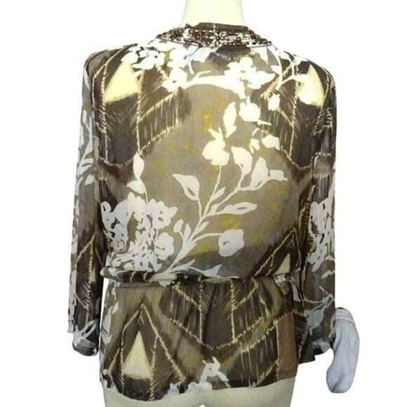 Chico's Lg Polyester Floral Sheer Pullover Blouse with 3/4 Sleeves and Beading - Picture 4 of 9